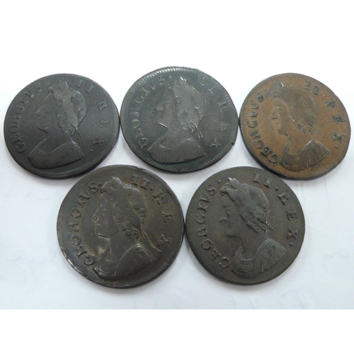 132 - Five George II 1732, 1733, 1735, 1736(2) farthings, S3720, 1)F, 2) F, 3) F, 4) VF, 5) F