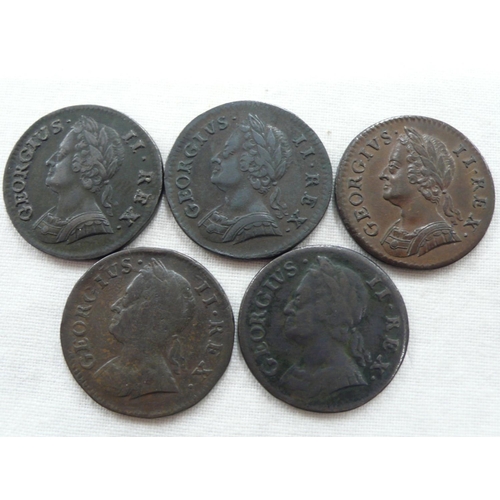 136 - Five George II 1744, 1746, 1749(2) & 1750 farthings S3721, S3722, 1) GVF, 2) GVF, 3) EF toned, 4) F,... 