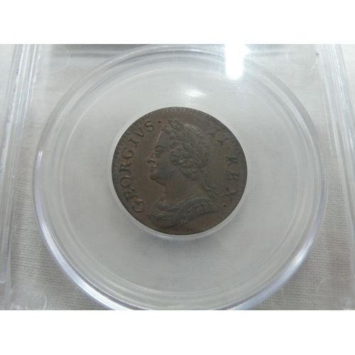 137 - George  II 1754 Farthing, S3722, EF, Slabbed, some lustre