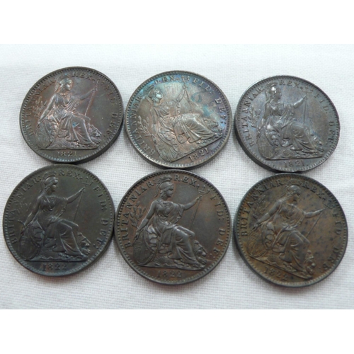 150 - George IV 1821(3) & 1822(3) farthings, S3822, 1) UNC, 2) UNC, 3) GEF, 4) UNC, hint of lustre, 5) GEF... 