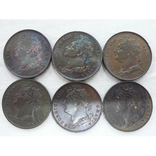 150 - George IV 1821(3) & 1822(3) farthings, S3822, 1) UNC, 2) UNC, 3) GEF, 4) UNC, hint of lustre, 5) GEF... 