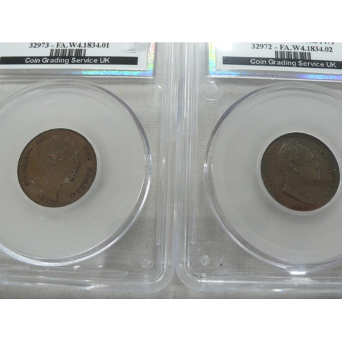 161 - Two William IV 1834 Farthings, S3848, 1) UNC, traces of lustre, REV A incuse slabbed, 2) GEF Rev B -... 