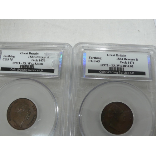 161 - Two William IV 1834 Farthings, S3848, 1) UNC, traces of lustre, REV A incuse slabbed, 2) GEF Rev B -... 