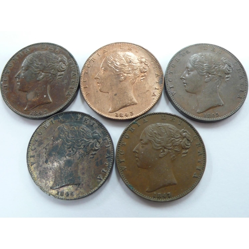 168 - Five Victoria 1843(2), 1845, 1846 & 1847 farthings, S3950, 1) EF, 2) UNC, 70% lustre Rev B, 3) EF, 4... 