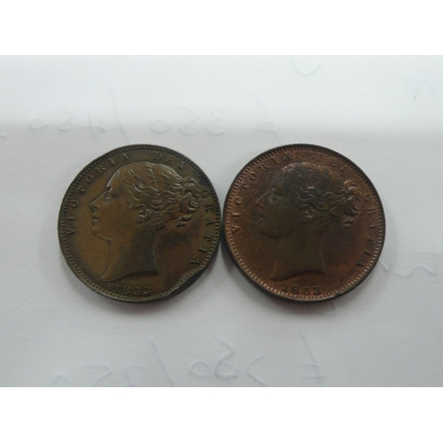 173 - Two Victoria 1853(2) Farthings, S3950, 1) Copper proof WW incuse good toning knock rev rim at  4 o'c... 