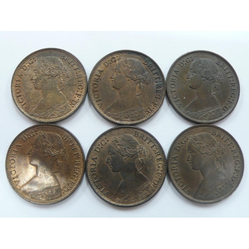 185 - Six Victoria 1865/2, 1866(2), 1867, 1868(2) Farthings, S3958, 1) UNC full lustre, 2) UNC good lustre... 