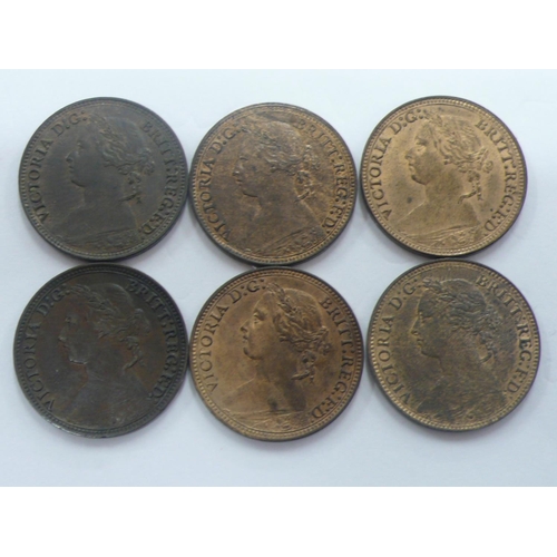 190 - Six Victoria 1878(2), 1879(2) & 1880(2) Farthings, S3958, 1) GEF, 2) UNC lustre, 3) BU full lustre, ... 