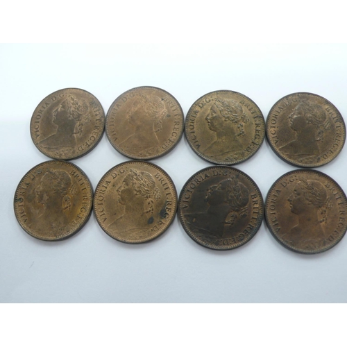 192 - Eight Victoria 1881 Farthings, S3958, S3959, 1) BU almost 2) BU almost,, 3) UNC 3 berries, 4) UNC 3 ... 