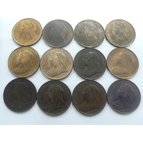 195 - Twelve Victoria farthings 1893(2), 1894, 1895(2), 1896, 1897(2), 1898, 1899, 1900, 1901, S3958, S396... 