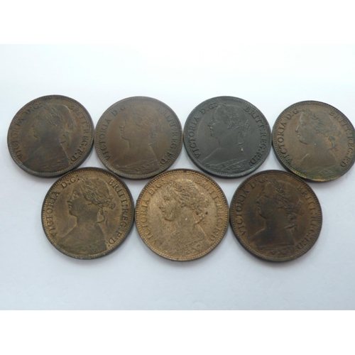 209 - Victoria 1861, 1862, 1865, 1874 H, 1875, 1875H & 1876H farthings, S3958, S3959, 1) UNC, good toning,... 