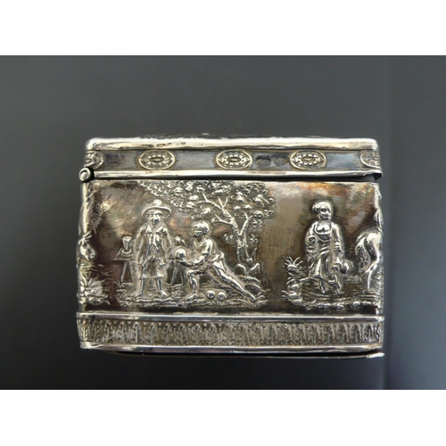 228 - 19thC Continental chased rectangular silver box with scenes of stag hunting and figures and animals ... 