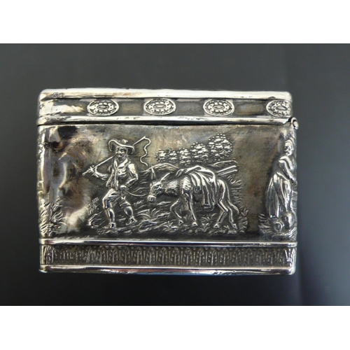 228 - 19thC Continental chased rectangular silver box with scenes of stag hunting and figures and animals ... 