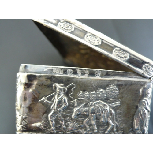 228 - 19thC Continental chased rectangular silver box with scenes of stag hunting and figures and animals ... 