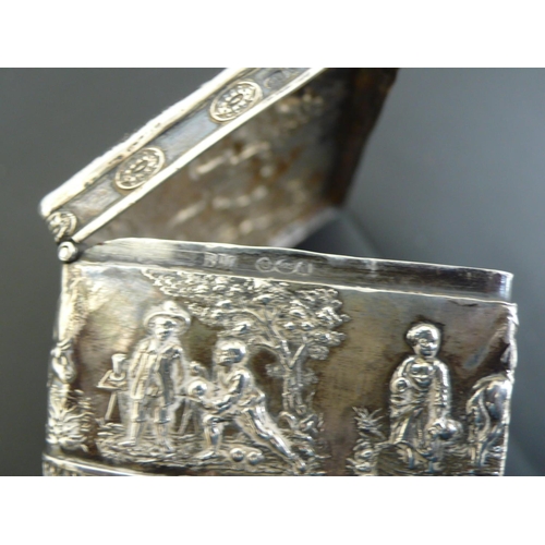 228 - 19thC Continental chased rectangular silver box with scenes of stag hunting and figures and animals ... 