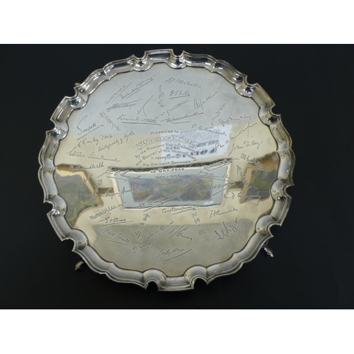 231 - George V silver tray with pie crust border, four feet engraved with signatures of the Japan Society ... 