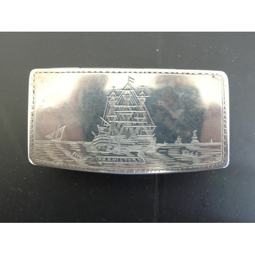 232 - George V Silver snuff box having Bright cut decoration to top of HMS Victory, London 1928, 2.5ozt, M... 