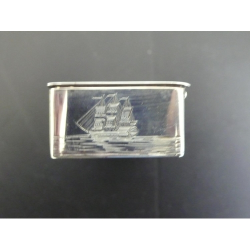 232 - George V Silver snuff box having Bright cut decoration to top of HMS Victory, London 1928, 2.5ozt, M... 