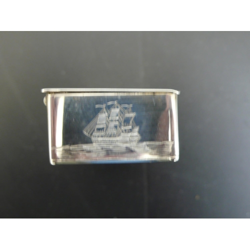 232 - George V Silver snuff box having Bright cut decoration to top of HMS Victory, London 1928, 2.5ozt, M... 