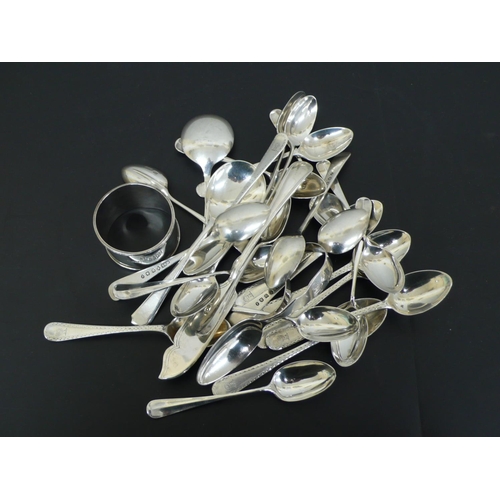 237 - Collection of Victorian and later silver tea spoons, preserve spoons, butter knife, napkin ring and ... 