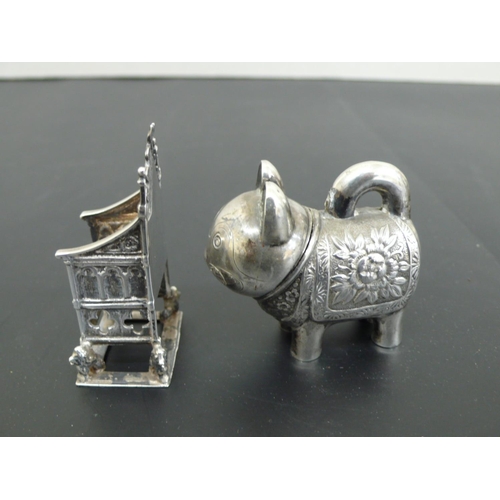 240 - Japanese sterling Silver cat pepper pot with screw on head and floral decoration to saddle, length 2... 