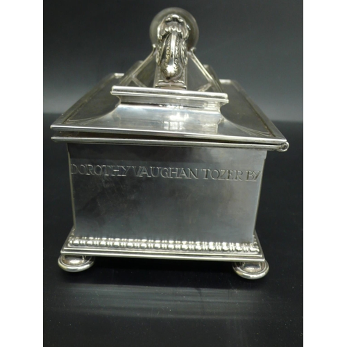 244 - Omar Ramsden rectangular silver casket with two dolphins facing each other holding a glass orb in th... 