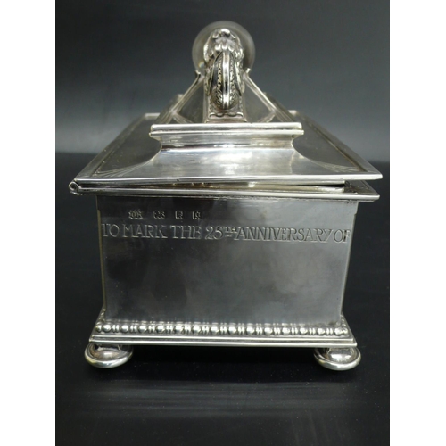 244 - Omar Ramsden rectangular silver casket with two dolphins facing each other holding a glass orb in th... 