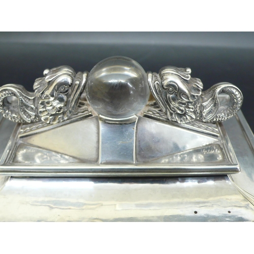 244 - Omar Ramsden rectangular silver casket with two dolphins facing each other holding a glass orb in th... 