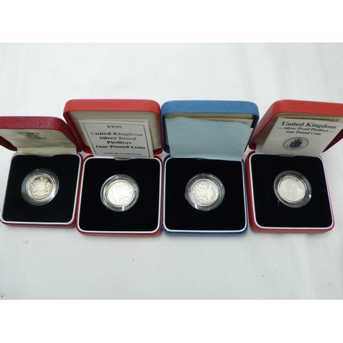 213 - Eight Silver Proof £ coins, cased, four piedfort 1983, 1983(P), 1988(P), 1992, 1993(P), 1998, 1998(P... 