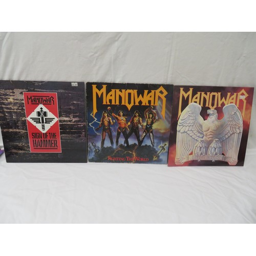 173 - Three Manowar vinyl LPs - Battle Hymns (LBG 30349)m Fighting the World (790563-1) & Sign of the Hamm... 