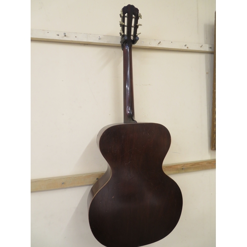 189 - Unusual nylon string acoustic guitar with spruce top, mother of pearl inlay to the neck, marquetry w... 