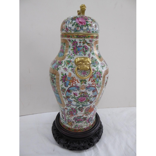 149 - Canton porcelain urn with cover having good decoration of birds, insects, flora and fauna. Lion dog ... 