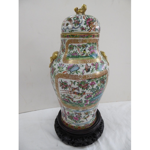 149 - Canton porcelain urn with cover having good decoration of birds, insects, flora and fauna. Lion dog ... 