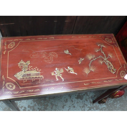 103 - Folding card table painted in red and gilt with Chinoiserie decoration on square tapering legs