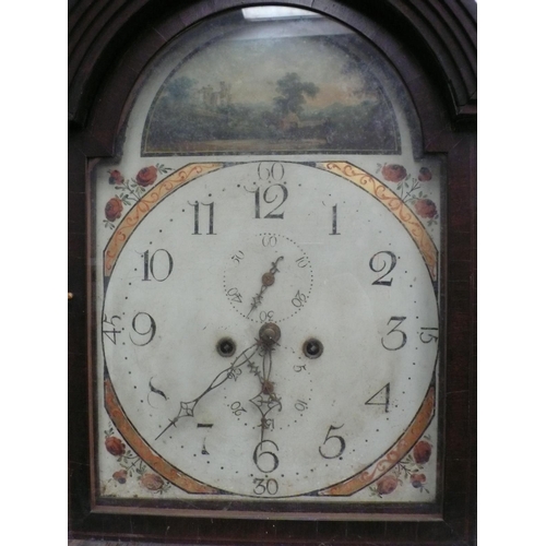 112 - 18th/19thC mahogany long case clock with domed top, painted arch dial, walnut crossbanding on splaye... 