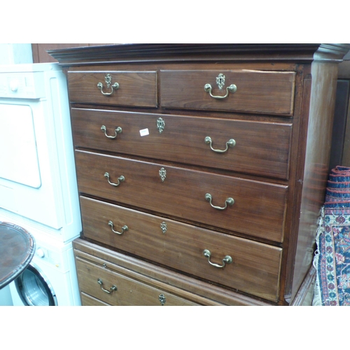 120 - George III mahogany chest on chest with brass swing handles and brushing slide, width 43ins height 6... 