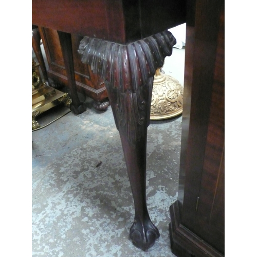 123 - George III mahogany folding tea table with carved cabriole legs on ball and claw feet