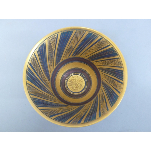 127 - Mary Rich, Conical shaped porcelain bowl with gilt, blue and purple striped decoration, signed to ba... 