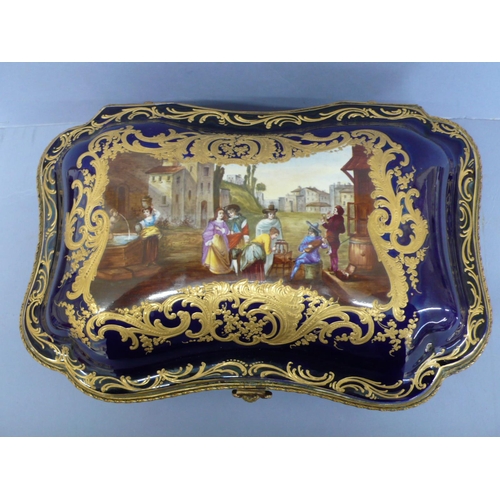 13 - Sevres style porcelain and gilt metal mounted serpentine sided box having hand painted scene of figu... 