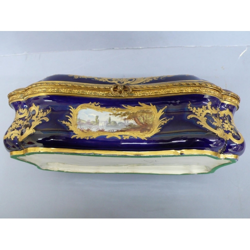 13 - Sevres style porcelain and gilt metal mounted serpentine sided box having hand painted scene of figu... 