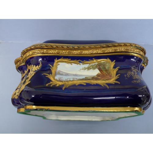 13 - Sevres style porcelain and gilt metal mounted serpentine sided box having hand painted scene of figu... 