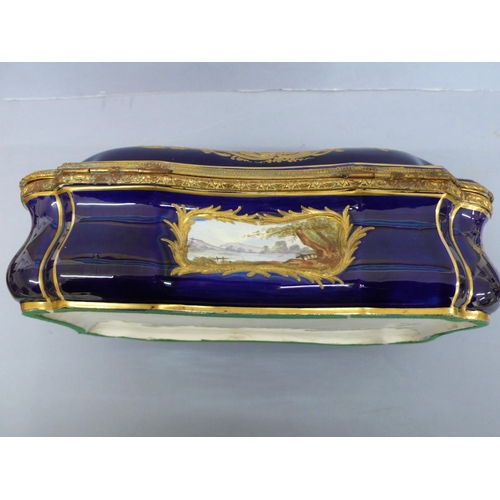 13 - Sevres style porcelain and gilt metal mounted serpentine sided box having hand painted scene of figu... 