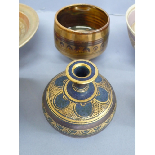 130 - Mary Rich, three porcelain bowls and three vases all with similar gilt decoration, diameter of bowl ... 