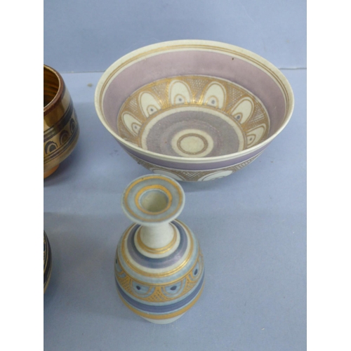 130 - Mary Rich, three porcelain bowls and three vases all with similar gilt decoration, diameter of bowl ... 