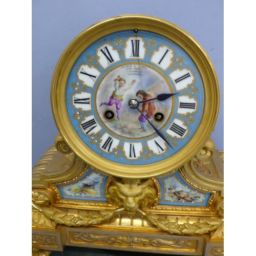 137 - 19thC Ormolu mantel clock with Sevres porcelain dial and panels with lion mask to front on adjustabl... 