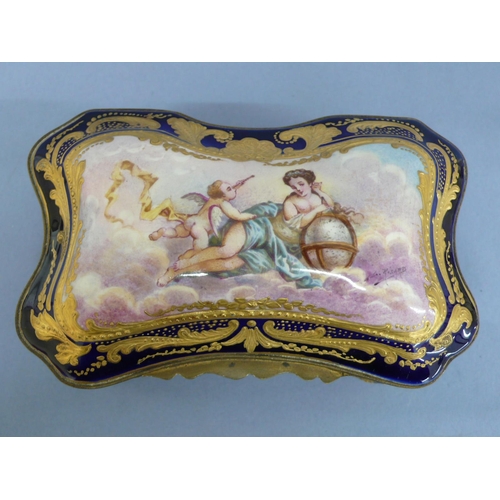 14 - Sevres style porcelain and gilt metal mounted serpentine sided box having hand painted scene of Ange... 