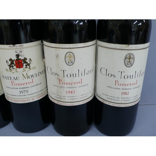 147 - Five bottles of Chateau bottled wine, Chateau Moulinet 1979 (2), Clos Toulifaut 1982 & 1985 (2), Cha... 