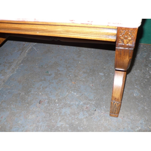 155 - Upholstered long low window seat with carved double U supports plus a smaller stool