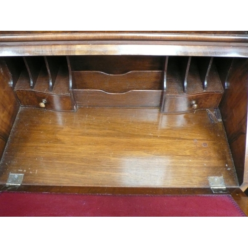 166 - Small reproduction walnut bureau bookcase with two drawers below, fitted interior on carved cabriole... 