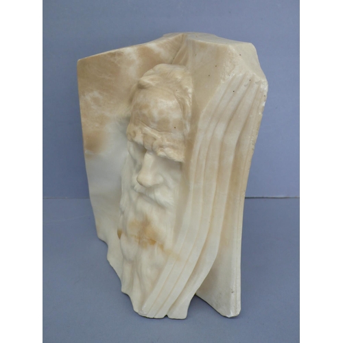 17 - Ezio Trapassi, off white marble sculpture of a bearded mans face appearing out of a book, signed, He... 