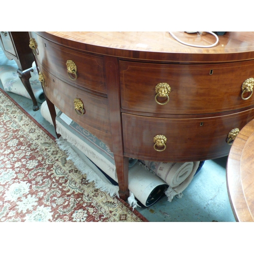 172 - Regency mahogany crossbanded demilune sideboard with six drawers on square tapering legs and splayed... 